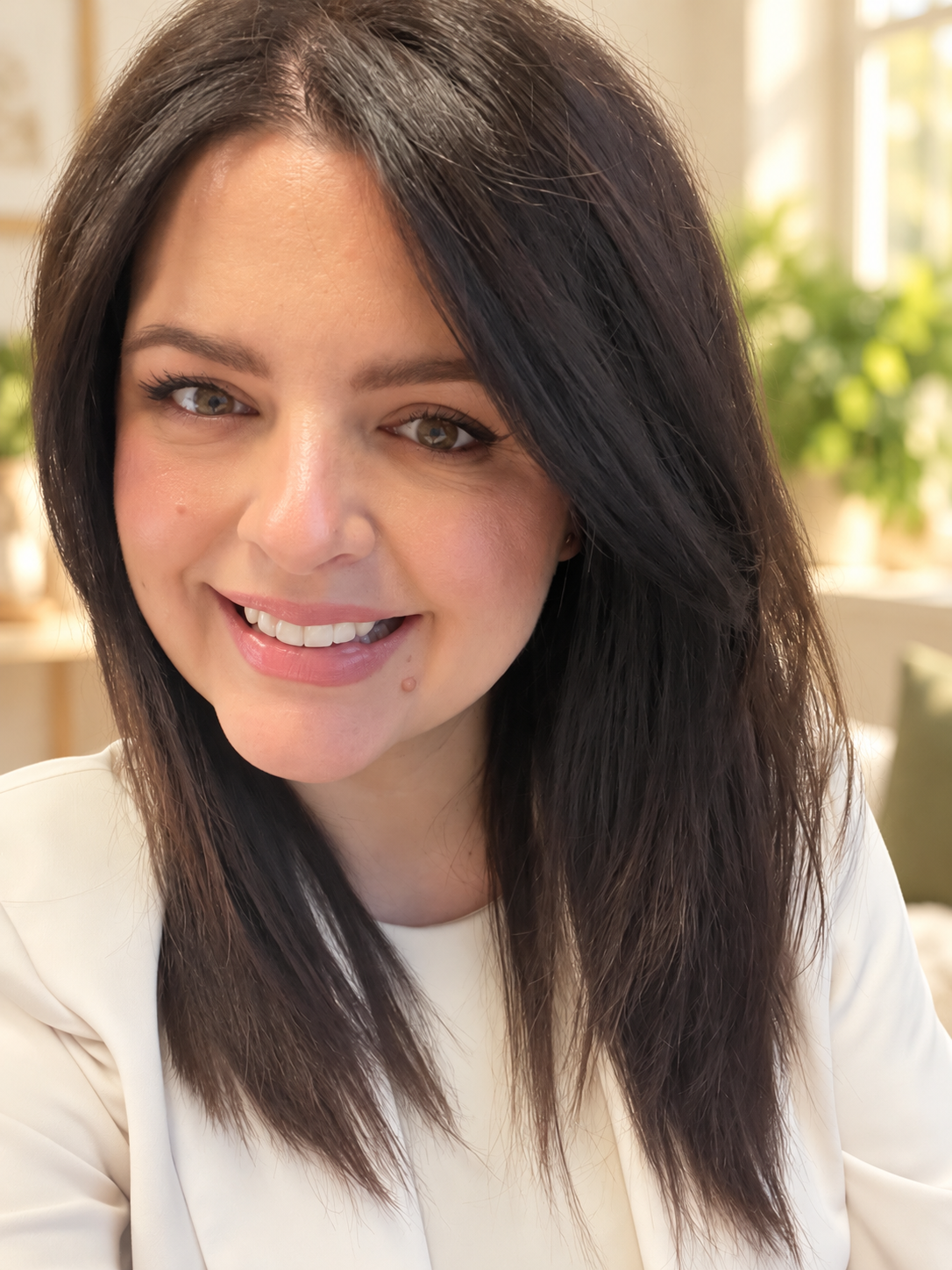 Loreley smiling, wearing a white jacket