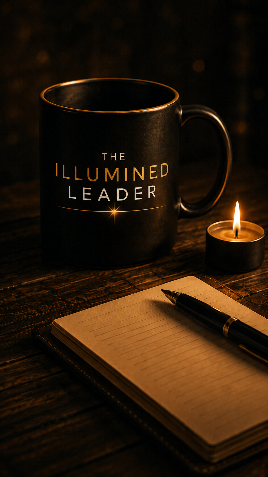 The Illumined Leader mug, journal, pen, and candle in warm light