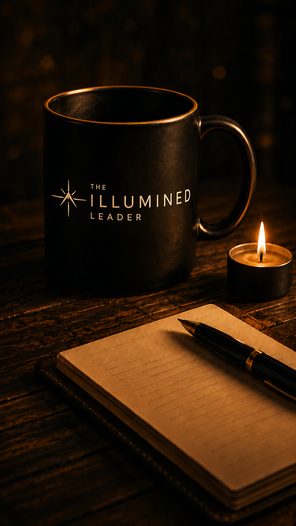 The Illumined Leader mug and journal in warm light