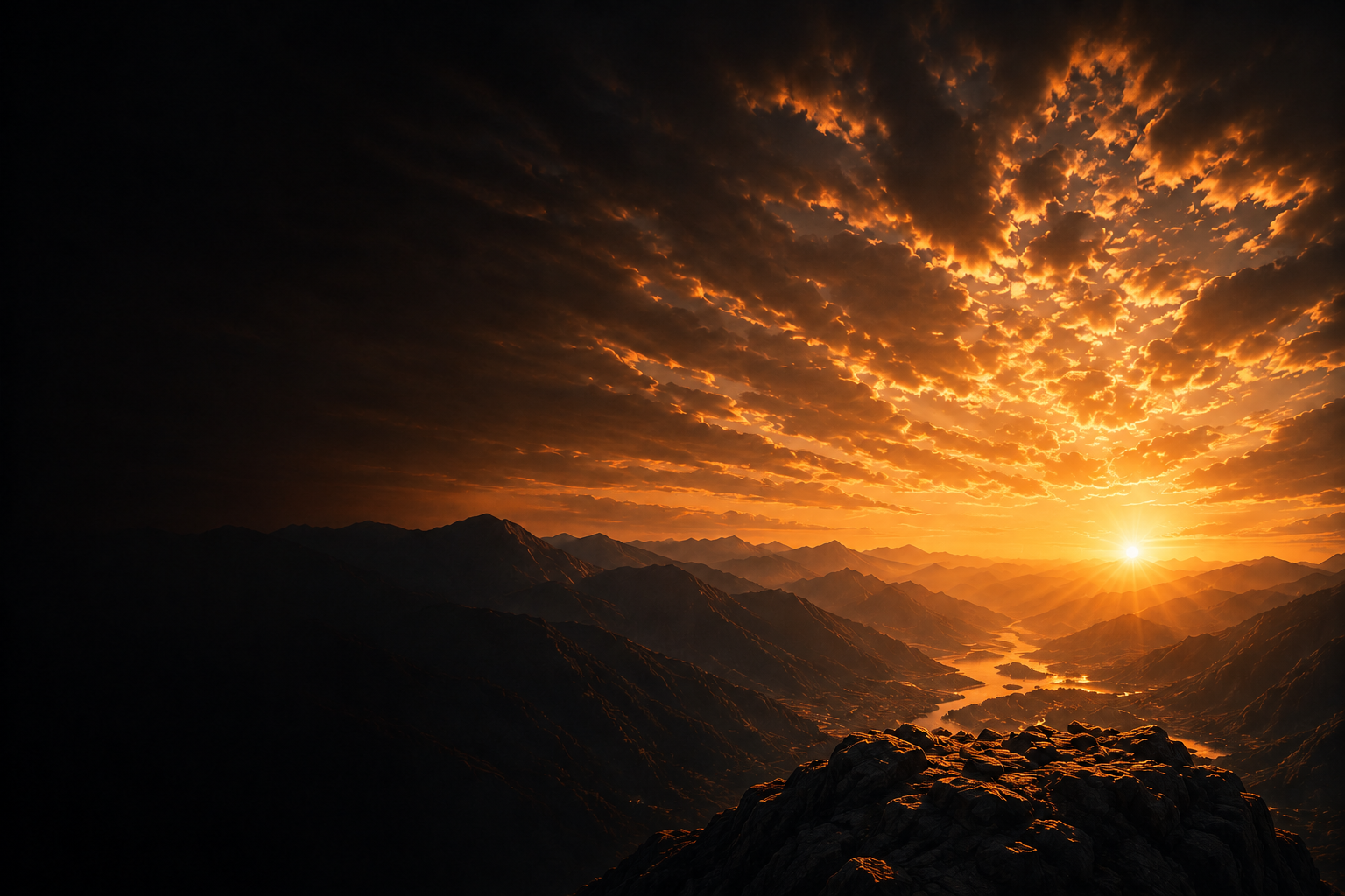Golden sunset over a mountain valley